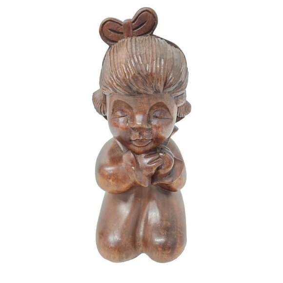 Vintage Hand Carved Wood Praying Girl Figurine Statue Religious Display Decor